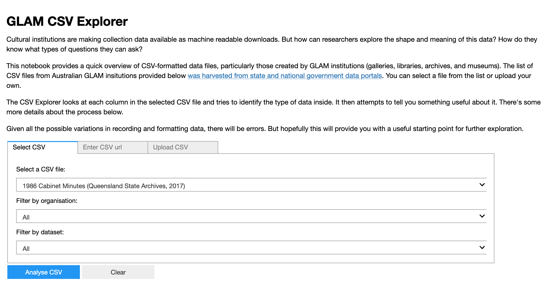 Screenshot of GLAM CSV Explorer