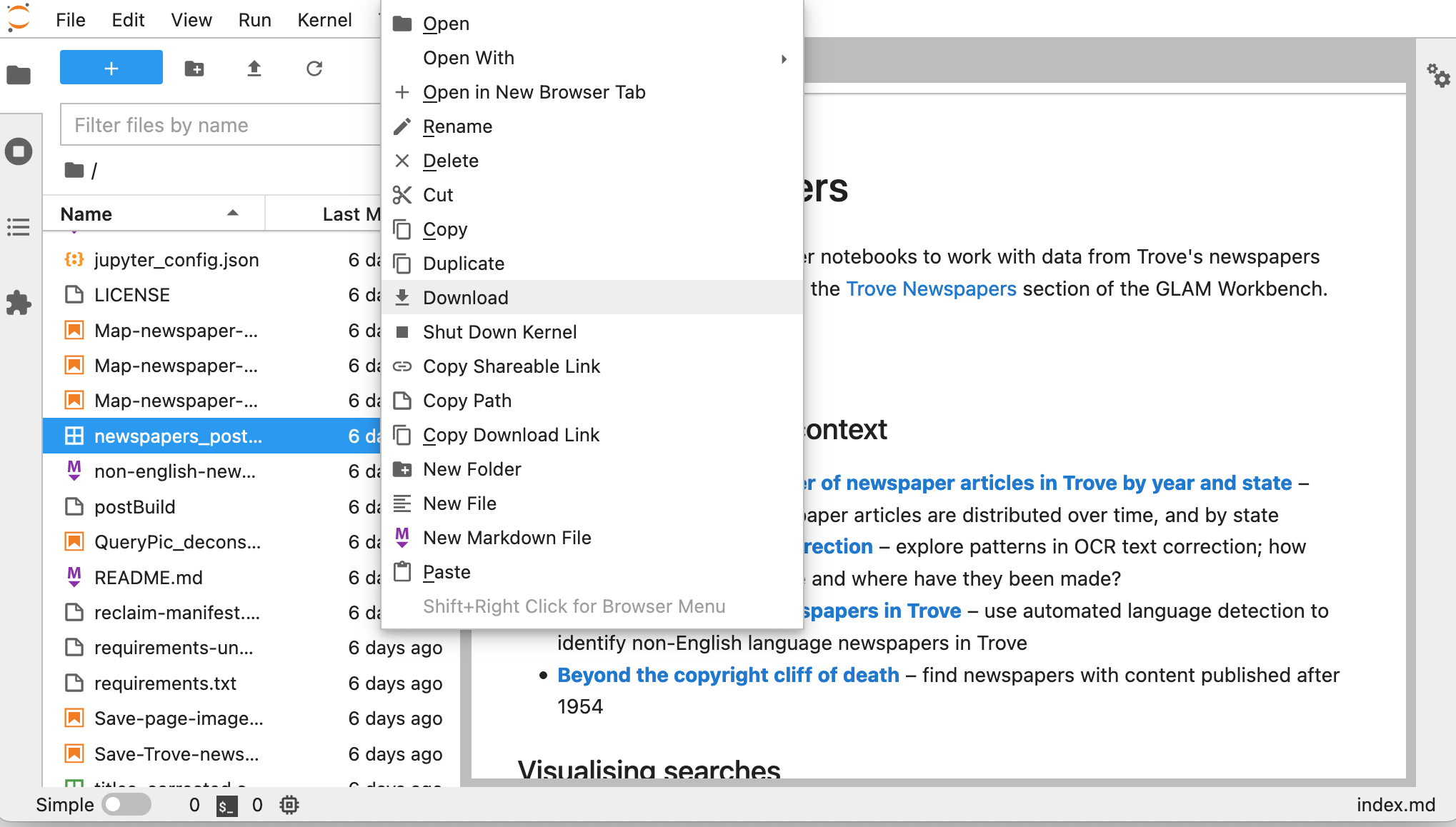 Screencap of downloading a file from Jupyter